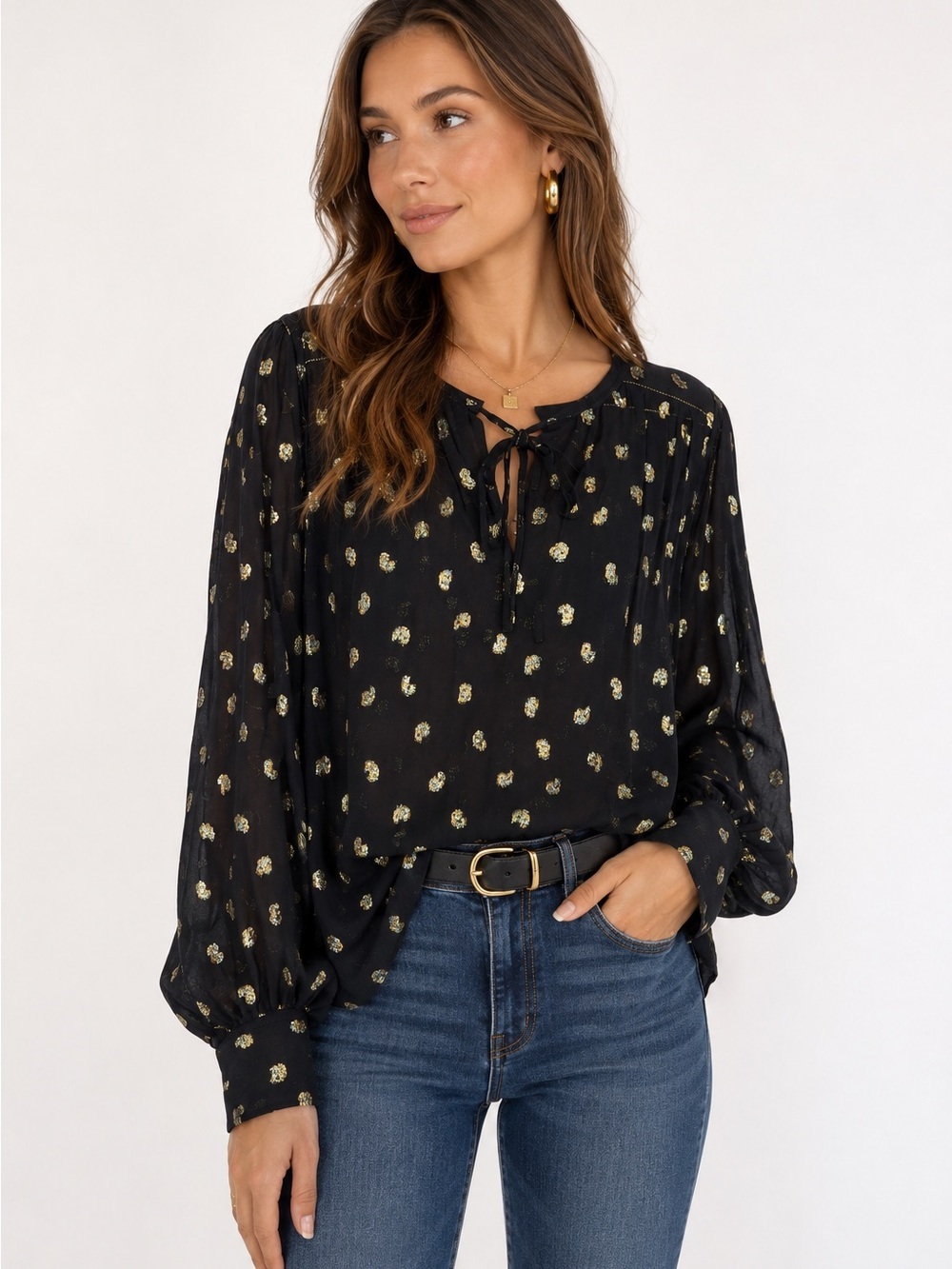 10 Crosby Derek Lam Black Blouse with Gold Metallic Dot Print & Tie Neck 10 NWT